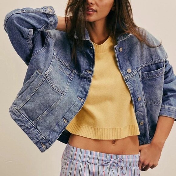FREE PEOPLE-We The Free-Opal Swing Ocean Night Denim Jacket Oversized-NWT-XL - Picture 1 of 6